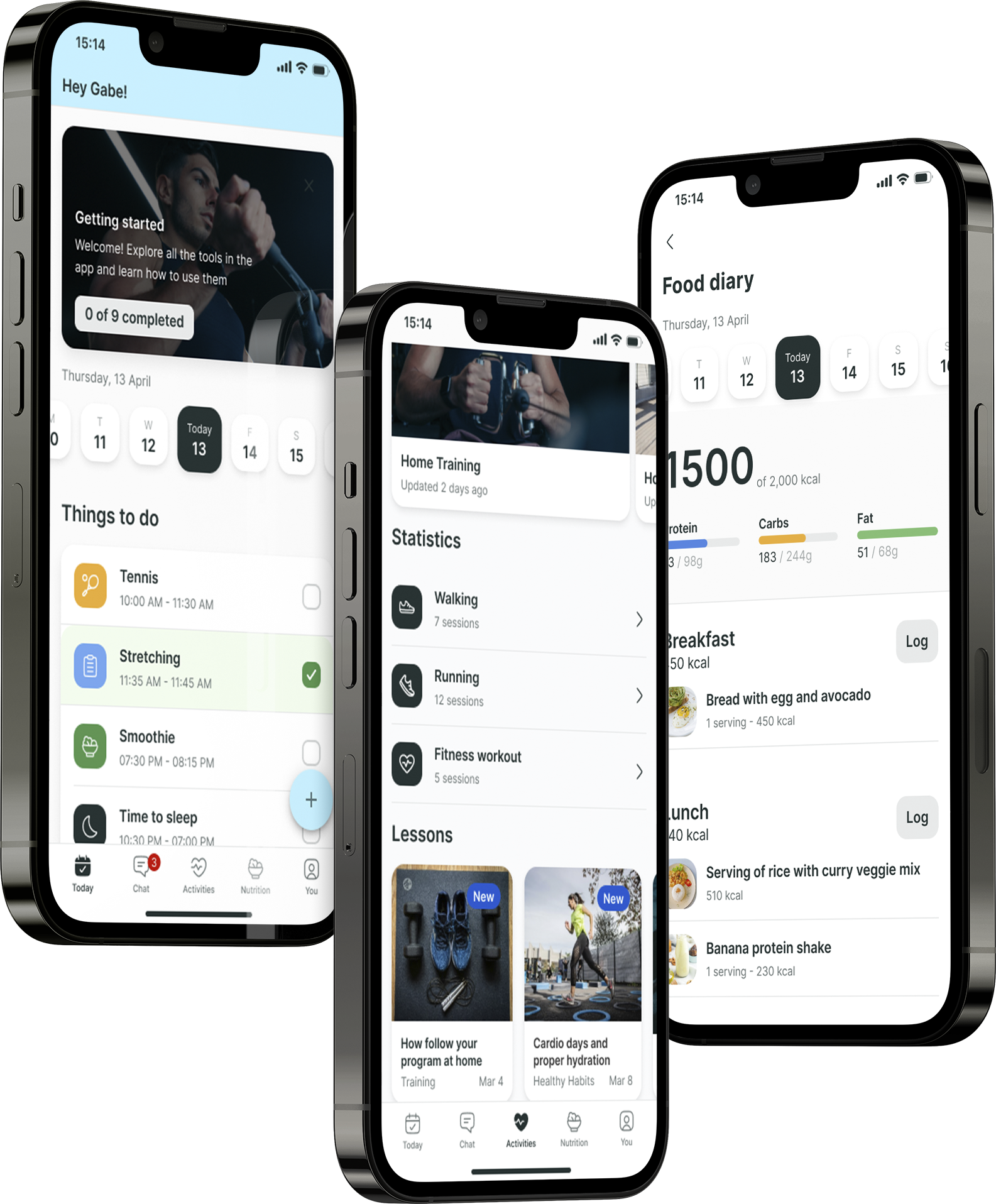 JTR Fitness coaching app on three phones